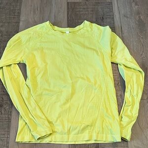 Athleta Neon Yellow Striped Momentum LS Top size Medium